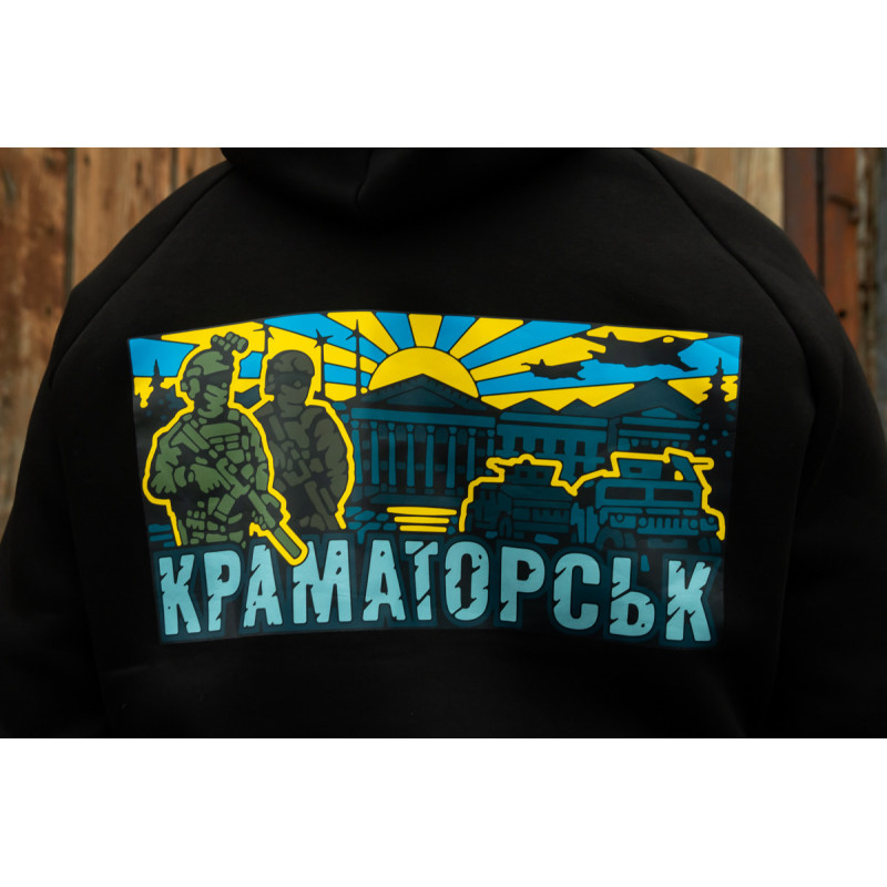 Весняна толстовка худі чоловіче чорне "Краматорськ" жовто-синій принт 46, S