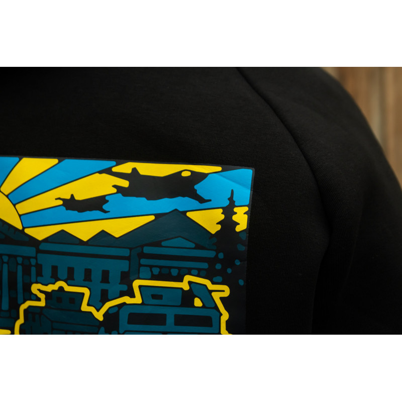 Весняна толстовка худі чоловіче чорне "Краматорськ" жовто-синій принт 50, L