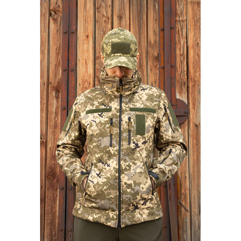 Тактична куртка софтшелл SoftShel демісезонна з капюшоном піксель