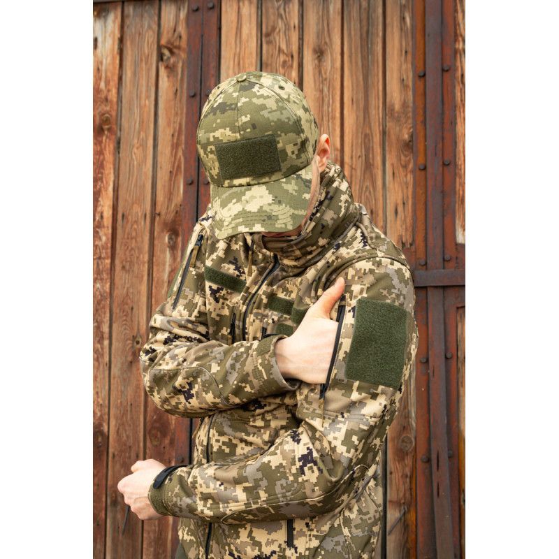 Тактична куртка софтшелл SoftShel демісезонна з капюшоном піксель