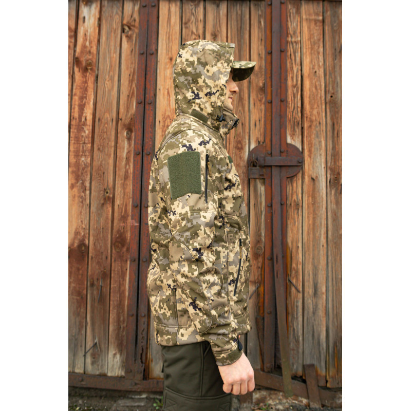 Тактична куртка софтшелл SoftShel демісезонна з капюшоном піксель M, 48
