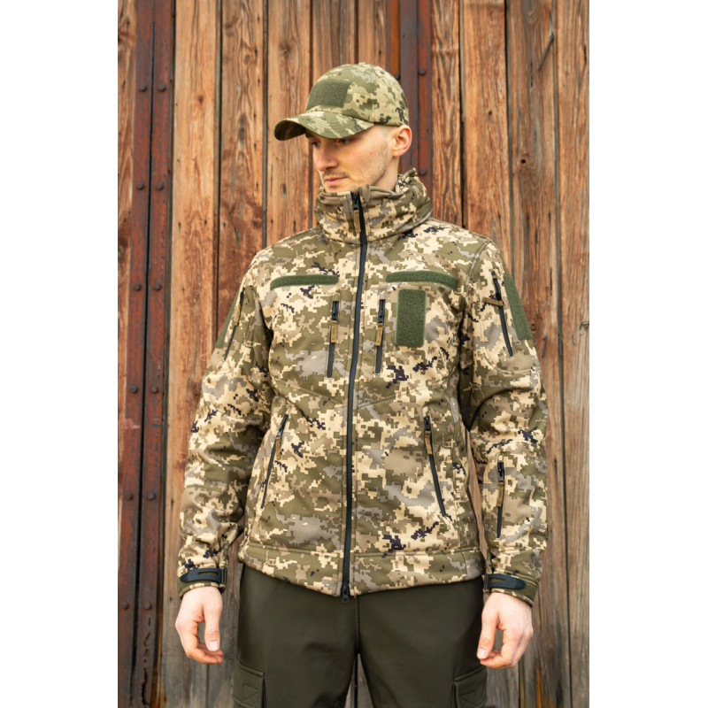 Тактична куртка софтшелл SoftShel демісезонна з капюшоном піксель XL, 52