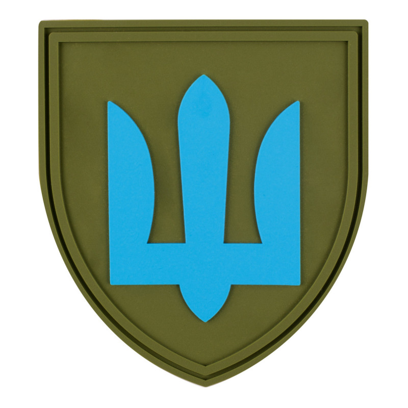 ПВХ патч Бренд Елемент (шеврон) Тризуб. Рід військ Механізовані війська. Блакитний на оливі