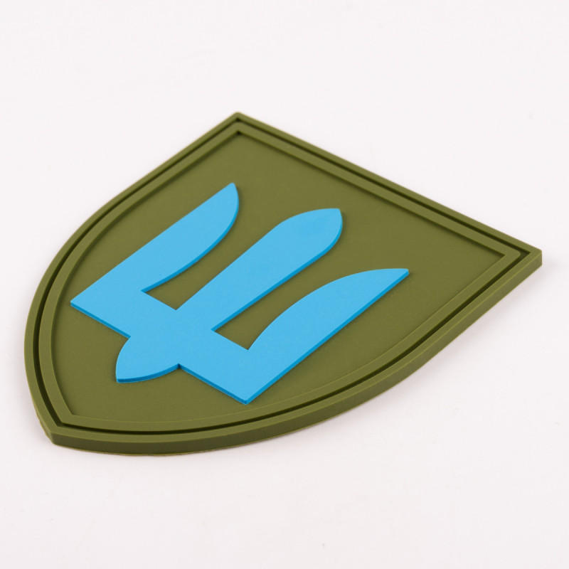 ПВХ патч Бренд Елемент (шеврон) Тризуб. Рід військ Механізовані війська. Блакитний на оливі