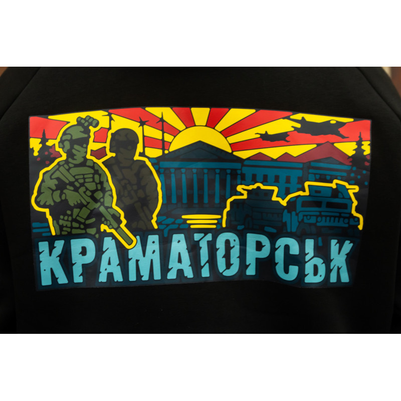Весняна толстовка худі чоловіче чорне "Краматорськ" жовто-червоний принт 56, 3XL