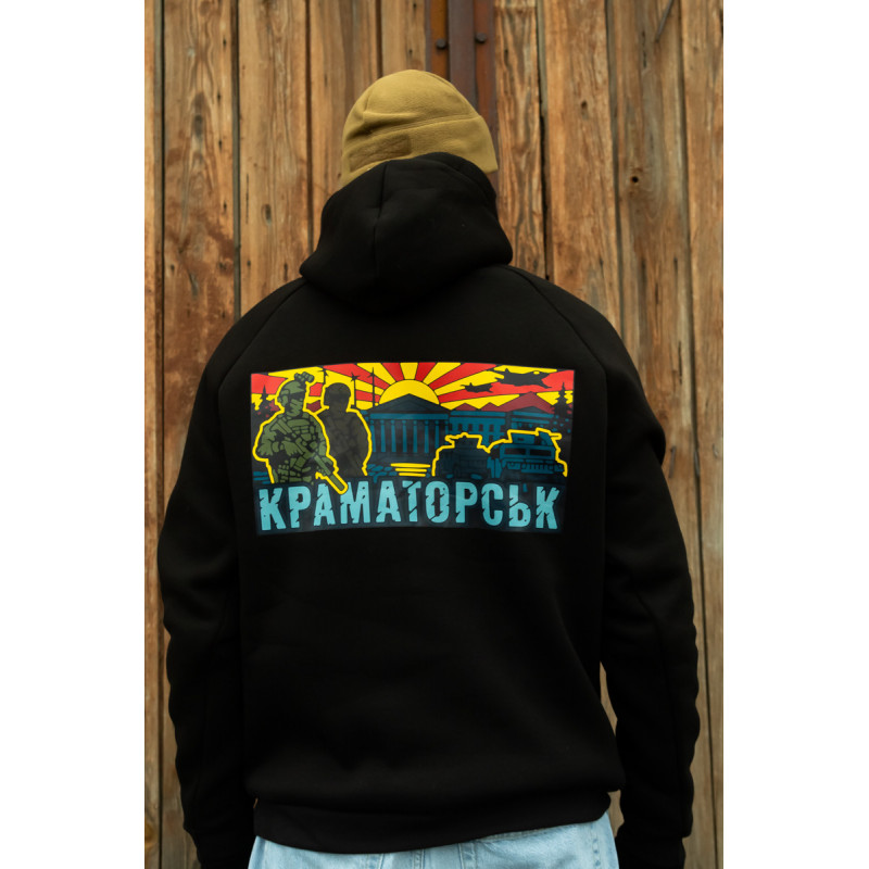 Зимова толстовка худі чоловіче чорне "Краматорськ" жовто-червоний принт XL, 52