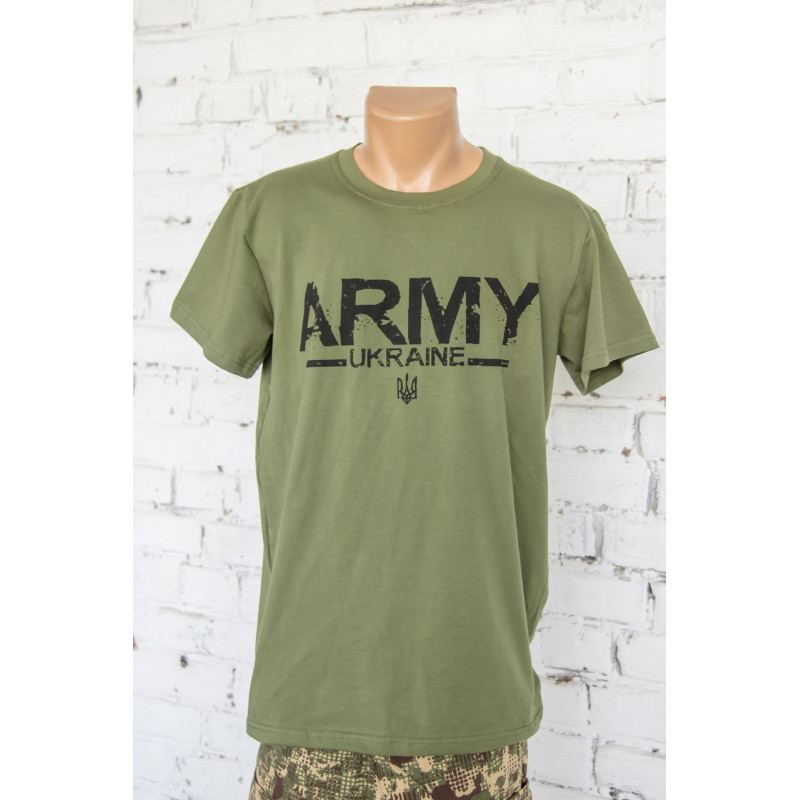 Футболка олива з принтом ARMY UKRAINE стрейч-кулір для військових