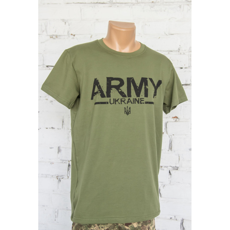 Футболка олива з принтом ARMY UKRAINE стрейч-кулір для військових