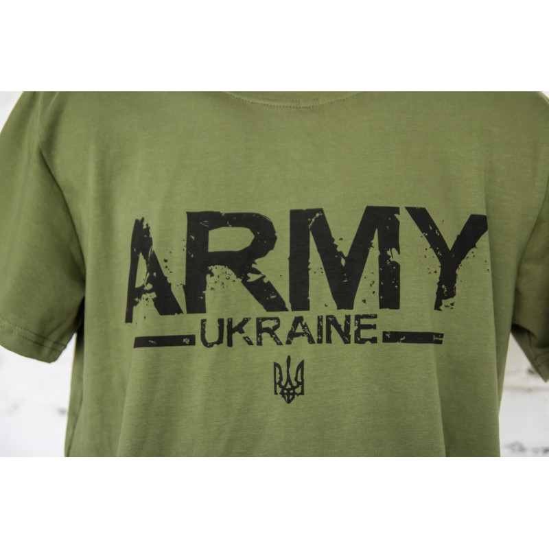 Футболка олива з принтом ARMY UKRAINE стрейч-кулір для військових